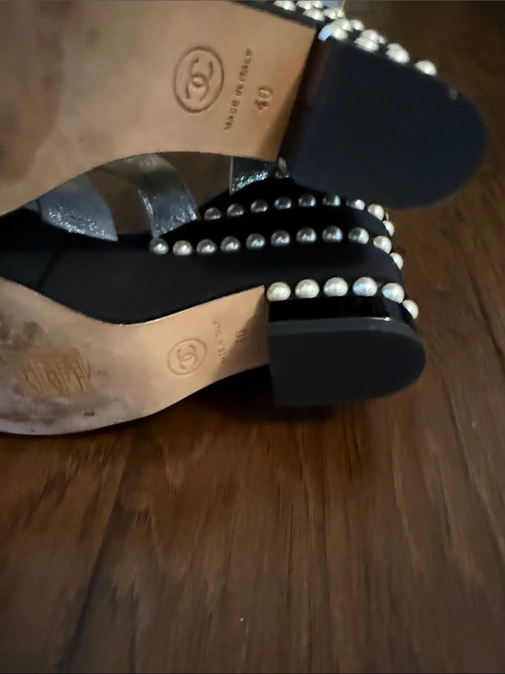 CHANEL Black Pearl-Trimmed Strappy Heel Sandals